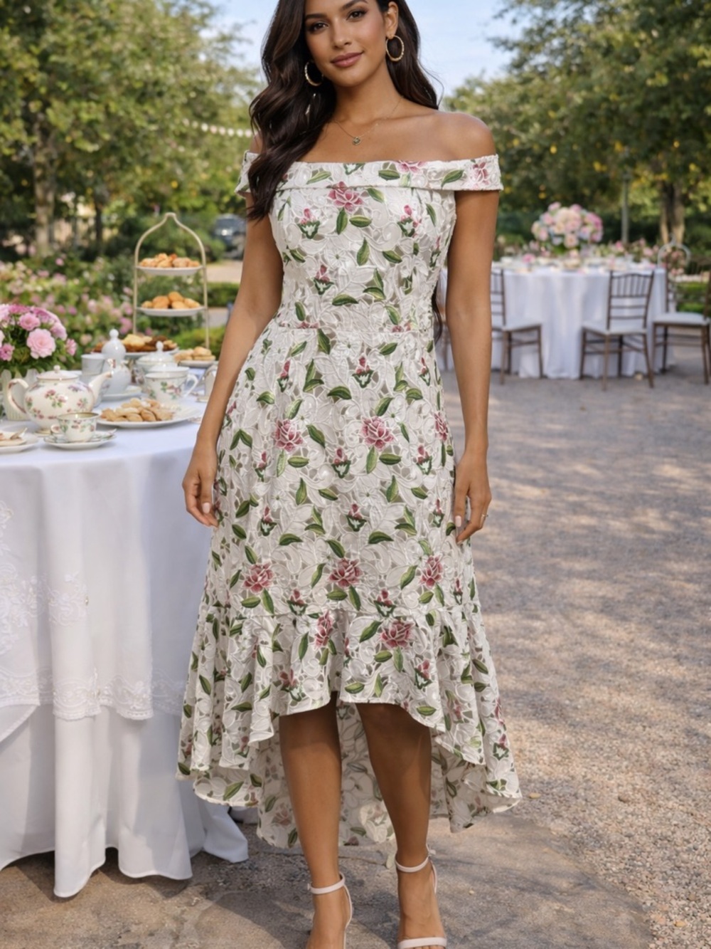 AMMO Off-Shoulder Floral Lace Embroidered Midi Dress in White and Pink MEDIUM